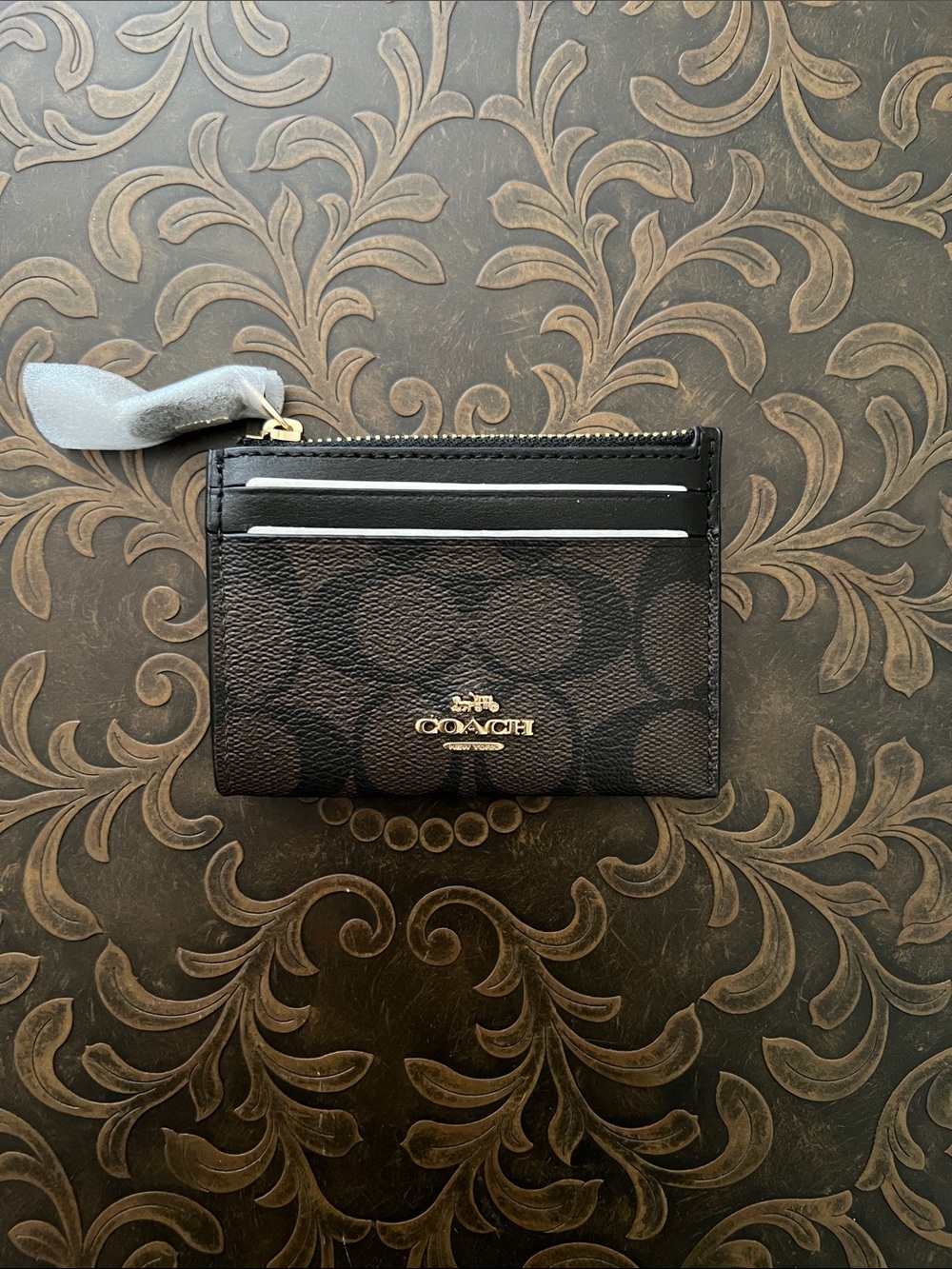 Coach Black/Brown Signature Zip Card Case Wallet
